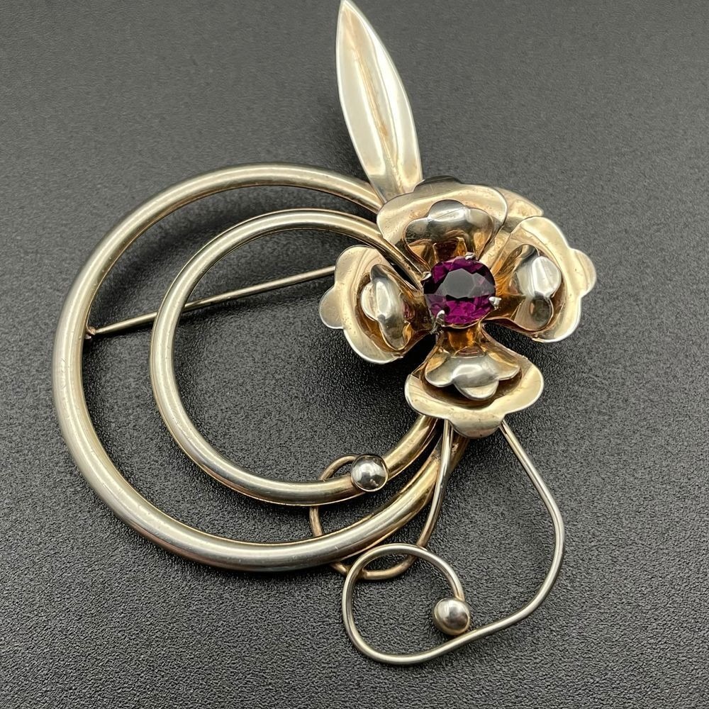 Vtg Sterling Vermeil‎ Harry Iskin Flower Art Nouveau Brooch Purple Rhinestone